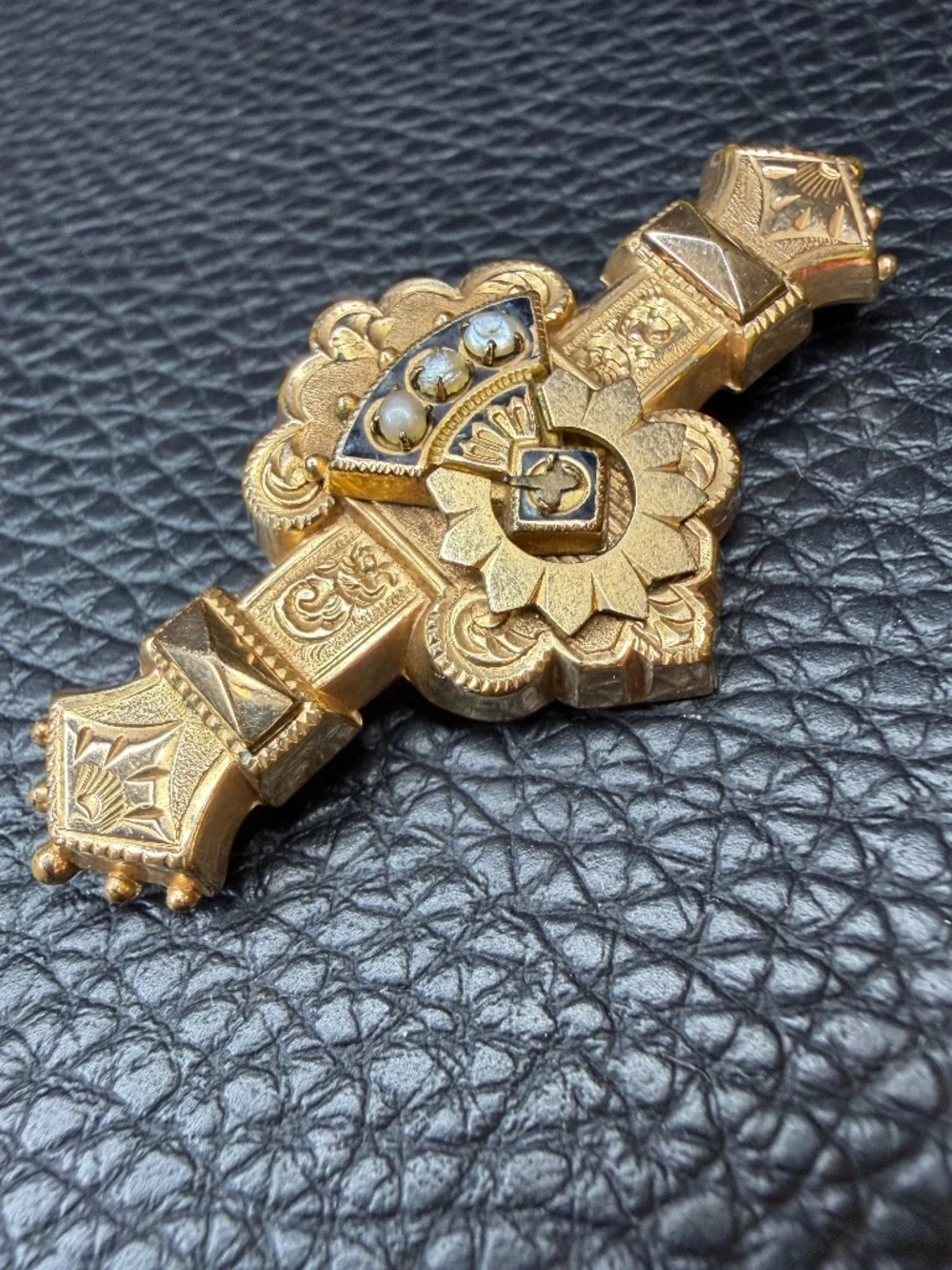 ORNATE Antique Victorian Edwardian Gold Filled Etched Bar Brooch Seed Pearls 2